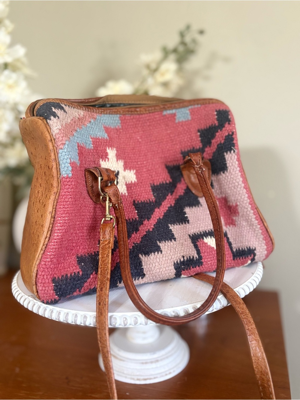 Vintage Marco Avane Kilim Rug Ostrich Leather Shoulder Bag Southwestern Boho